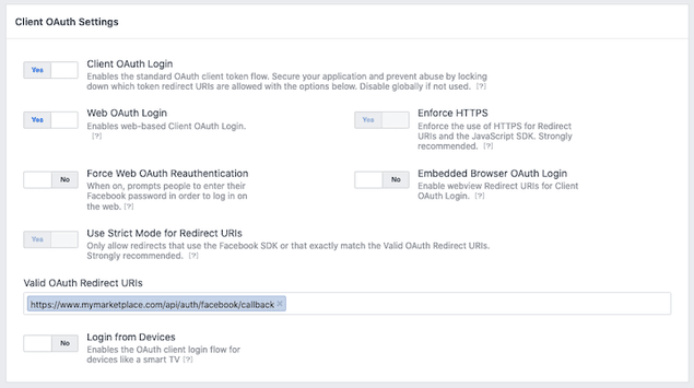 Facebook login settings