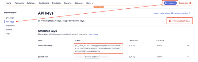 Get API keys from Stripe